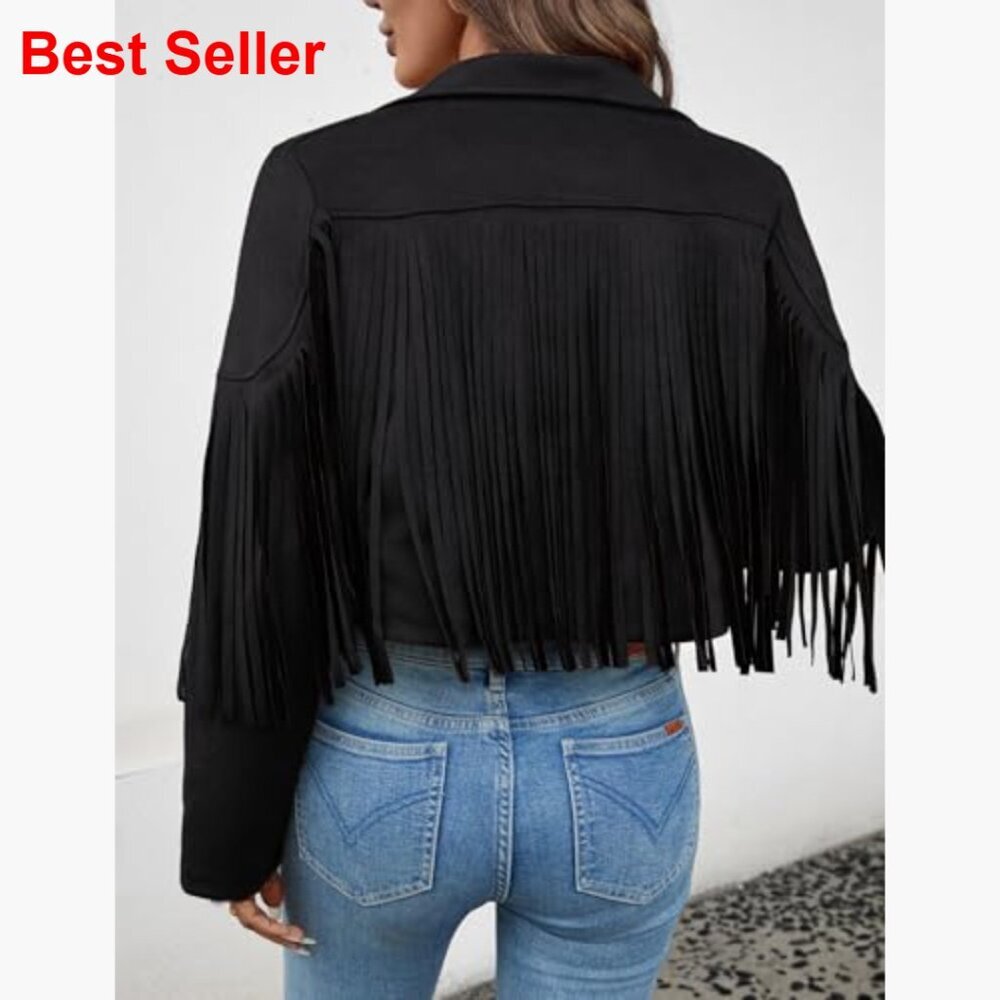 Faux Suede Leather Cropped Jacket with Fringe Tassel Sleeves and Lining - Picture 2 of 7